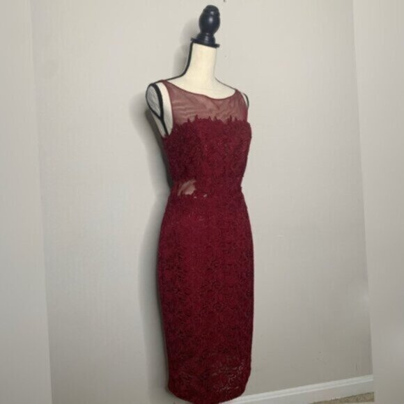 ML Monique Lhuillier Red aromatic Burgundy Illusion Cocktail Dress - Picture 7 of 16